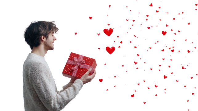 A young man in a cozy sweater holds a red gift box, surrounded by floating heart shapes, conveying a sense of love and celebration.