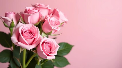 Pink roses, green leaves, pastel background
Postcard design for Valentine's Day and Women's Day