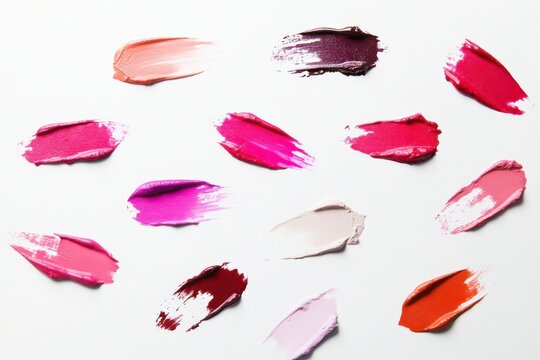 Stylish lipstick marks in contrasting hues, including matte and glossy finishes, spread across a minimalist white background, offering a chic visual.