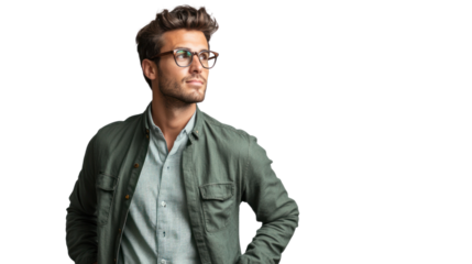 A young man wearing glasses and a green jacket, standing confidently with a thoughtful expression against a white isolated background.