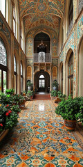 An ornate hallway with floral tile patterns, potted plants, and grand architecture.