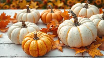 Autumn Harvest Pumpkins on Rustic Table