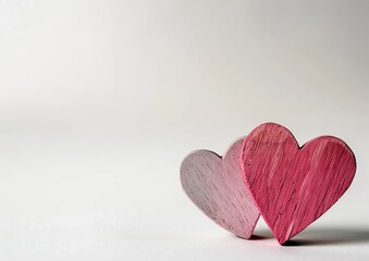 Two pink wooden hearts on a pristine white background with ample copy space, perfect for Valentine's Day, love, and romance concepts. This minimalistic stock photo features light beige and dark gray 