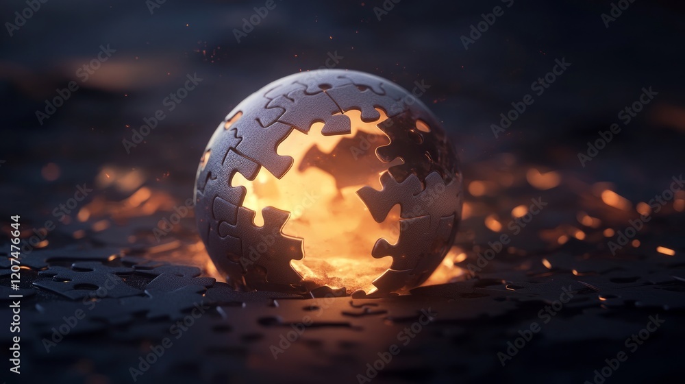 Poster goals with strategy and transformation concept, glowing puzzle sphere surrounded by glowing fragment