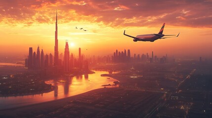A private jet soars over Dubai at sunset.  It's a fast, modern way to travel, perfect for busy executives.
