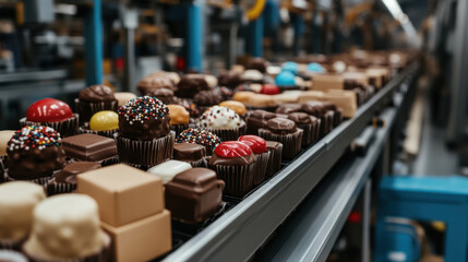 Sweet factory, A detailed image of a factory's packaging area, showcasing organized rows and high fidelity quality in vibrant colors.