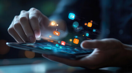 Affiliate marketing. Marketing strategies to advertise products and services. Businessman using with affiliate marketing icons on virtual screen for new business concept.