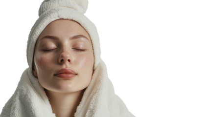 A young woman with a towel wrapped around her head, eyes closed, looking serene and peaceful, perfect for spa or relaxation themes.