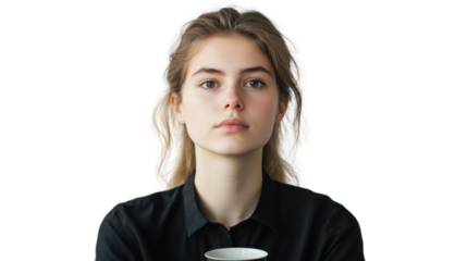 A young woman with an earnest expression holding a cup, dressed in a black shirt, against a white background.