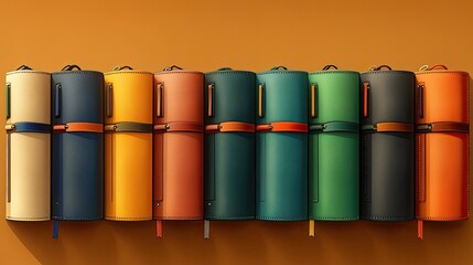 Colorful collection of modern cylindrical containers arranged symmetrically against an orange backdrop