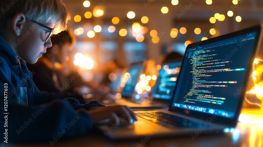 Poster diverse group of students engaged in coding at a cozy after-school computer lab