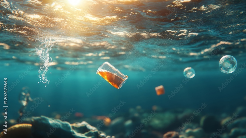 Poster underwater scene with floating debris and bubbles illuminated by sunlight.