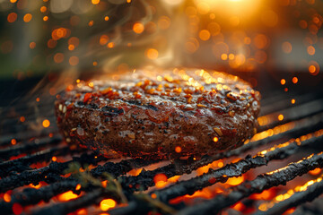 Grilling Juicy Hamburger Patties With Golden Backlighting