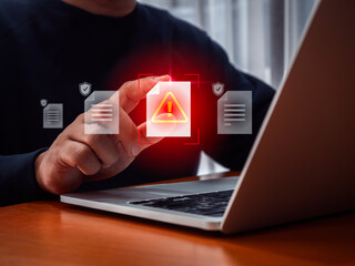 Electronic document check and data information searching tools concept. Alert icon on warning file...
