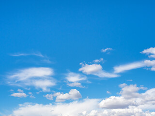 Beautiful blue sky scene with white cloud, horizontal style background. Cloudy fluffy clouds floating scattered and blowing with the nature wind on the horizon sky.