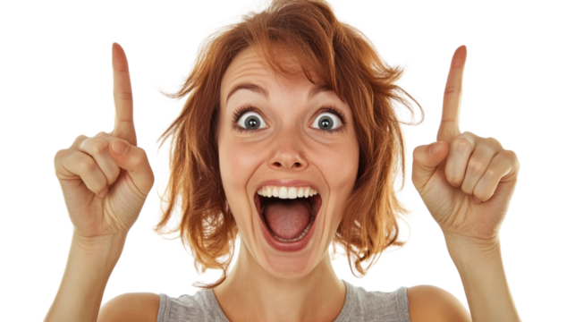 A young woman with joyful expression, smiling widely and pointing upwards with both hands, displaying excitement and enthusiasm.