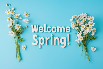 Colorful daisies arranged elegantly on a bright blue backdrop celebrate the arrival of spring. The playful message invites joy and renewal during the most vibrant season of the year.