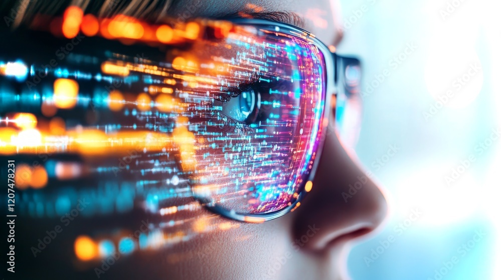 Poster visualizing data through smart glasses technology in a futuristic setting
