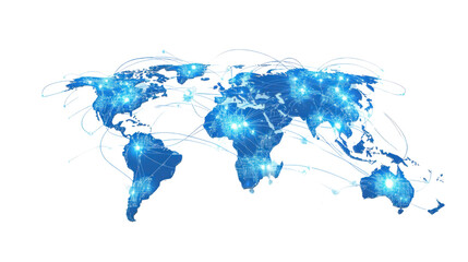 Abstract blue digital world map with interconnected lines, symbolizing global connectivity and technology advancements, on a black background.