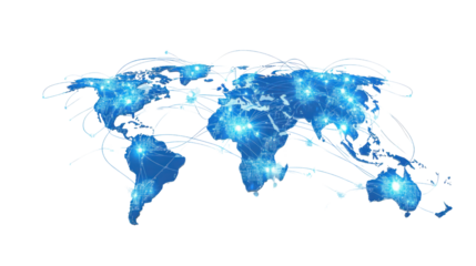 Abstract blue digital world map with interconnected lines, symbolizing global connectivity and technology advancements, on a black background.