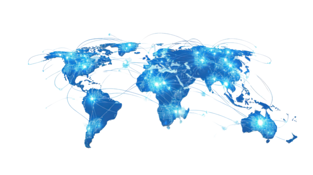 Abstract blue digital world map with interconnected lines, symbolizing global connectivity and technology advancements, on a black background.