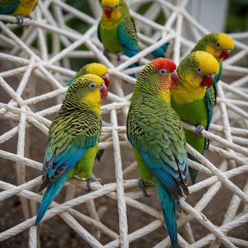 A flock of vibrantly colored parakeets resting on an intricate white trellis.