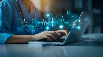 A doctor wearing scrubs working on a laptop with subtle, minimalist holographic medical data and charts floating above the laptop