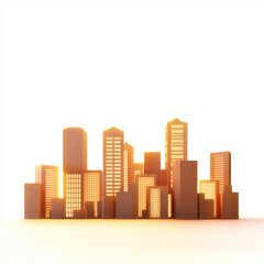 Fototapeta premium Low poly cityscape at sunset with warm tones and glowing buildings on white background