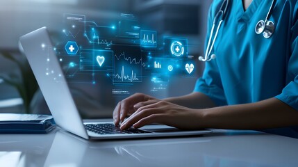 A doctor wearing scrubs working on a laptop with subtle, minimalist holographic medical data and charts floating above the laptop