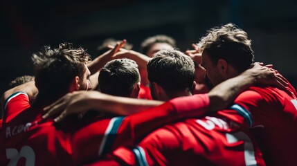 Handball team unity in a huddle before olympic match, focusing on teamwork and strategic planning