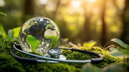 Green planet Earth inside a glass ball with a stethoscope on green moss in a forest for the World Environment Day concept