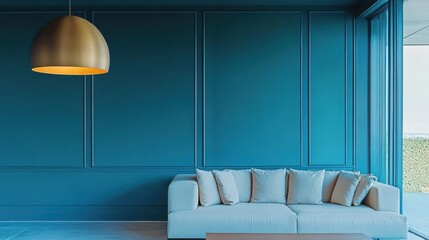 Modern Living Room with Blue Walls and Stylish Gold Pendant Light