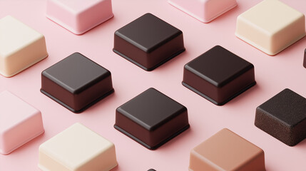 ピンク背景に並んだおしゃれなボンボンショコラの背景素材