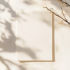 A minimalist photo of a blank white rectangular paper on a beige surface, with soft shadows of plant branches creating an organic effect. Neutral-toned background.  Mockup.