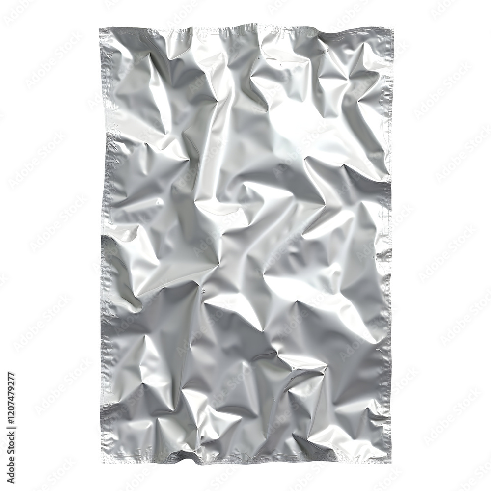 Poster a captivating image of a crumpled silver foil pouch, its texture exquisitely detailed. the folds and