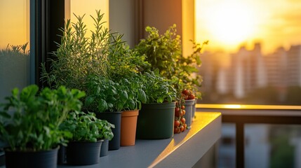 Golden Hour Balcony Garden Herbs Basil Rosemary Sunset Cityscape