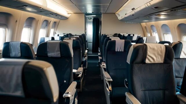 View of empty passenger cabin of airplane. Push in shot of cabin in economy class aisle without people with comfortable seats.