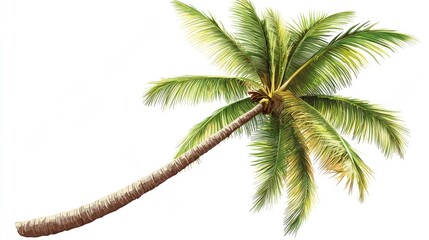 A single palm tree with green fronds, leaning to the right, isolated on a white background.