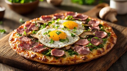 Savory Breakfast Pizza with Eggs, Ham, and Fresh Green Herbs