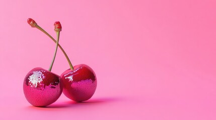 Shiny Disco-Themed Cherries On Pink Background Symbolizing Vibrant Style and Festivity. Bright red cherries with sparkling disco-themed appearance against a solid pink background.