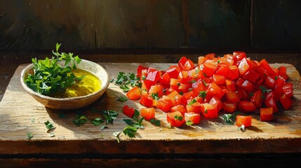 Photorealistic composition of wooden cutting board with fresh ingredients
