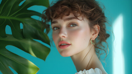 Plant, portrait or woman with skincare for beauty on blue background with herbs, shine or glow. Monstera leaf, confident model or face of girl in studio with cosmetics, hydration or makeup results
