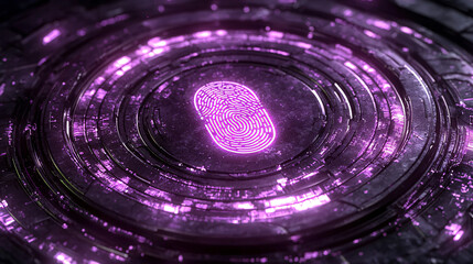 Futuristic lock symbol with a glowing fingerprint scanner overlay in a cyber-themed background 