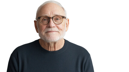 Obraz premium An elderly man with glasses smiles warmly against a white background, showcasing wisdom and experience in his expression.