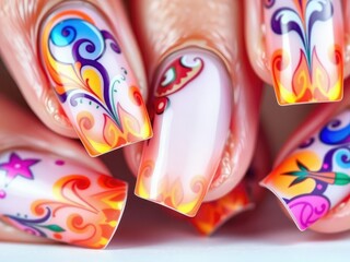 Obraz premium Close-up shot of beautifully manicured nails with vibrant nail polish, showcasing intricate nail art and flawless application, colorful, beauty industry, salon