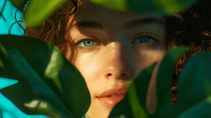 Plant, portrait or woman with skincare for beauty on blue background with herbs, shine or glow. Monstera leaf, confident model or face of girl in studio with cosmetics, hydration or makeup results