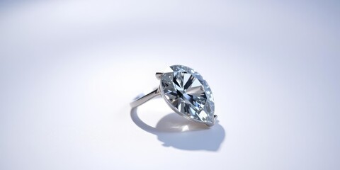 Close-up shot of a pear cut diamond ring on a white canvas, with a single spotlight shining down on the gemstone, highlighting its intricate facets, close-up, pear cut diamond