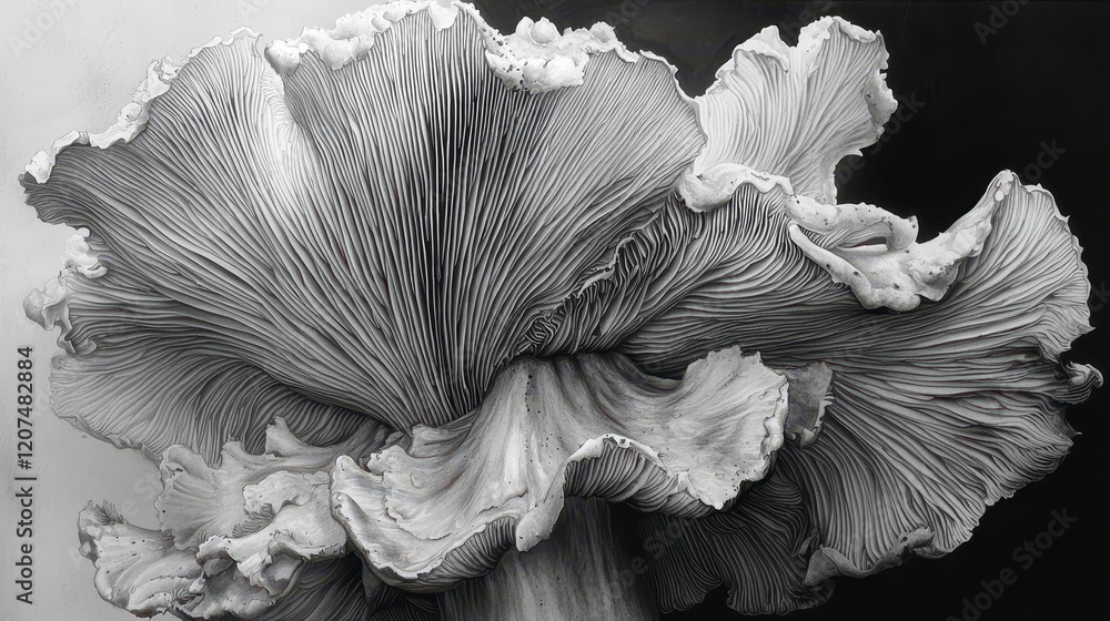 Poster close-up monochrome image of a large, intricate mushroom with delicate, layered gills and textured c