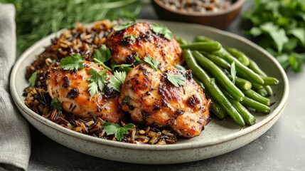 Fototapeta premium Photorealistic shot of dinner plate with roasted chicken beans rice