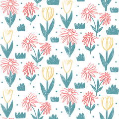 Flowers crayon drawn seamless pattern. Colorful floral allover background. Stylized botany repeat cover. Tulip, daisy and grass. Surface pattern design spring motif. Vector hand drawn illustration.